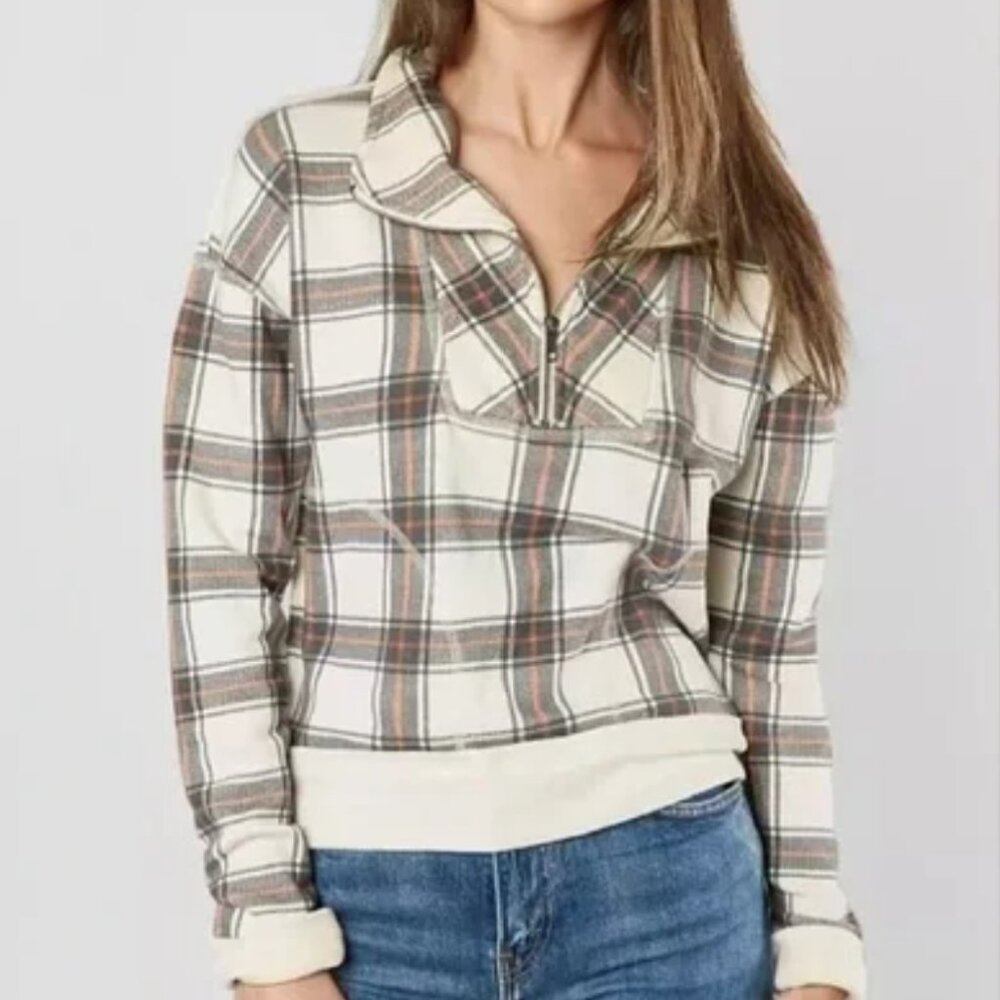 Free People Ivory Black Why Not 1/4 Zip Pullover Plaid Top Sz S Activewear Cozy